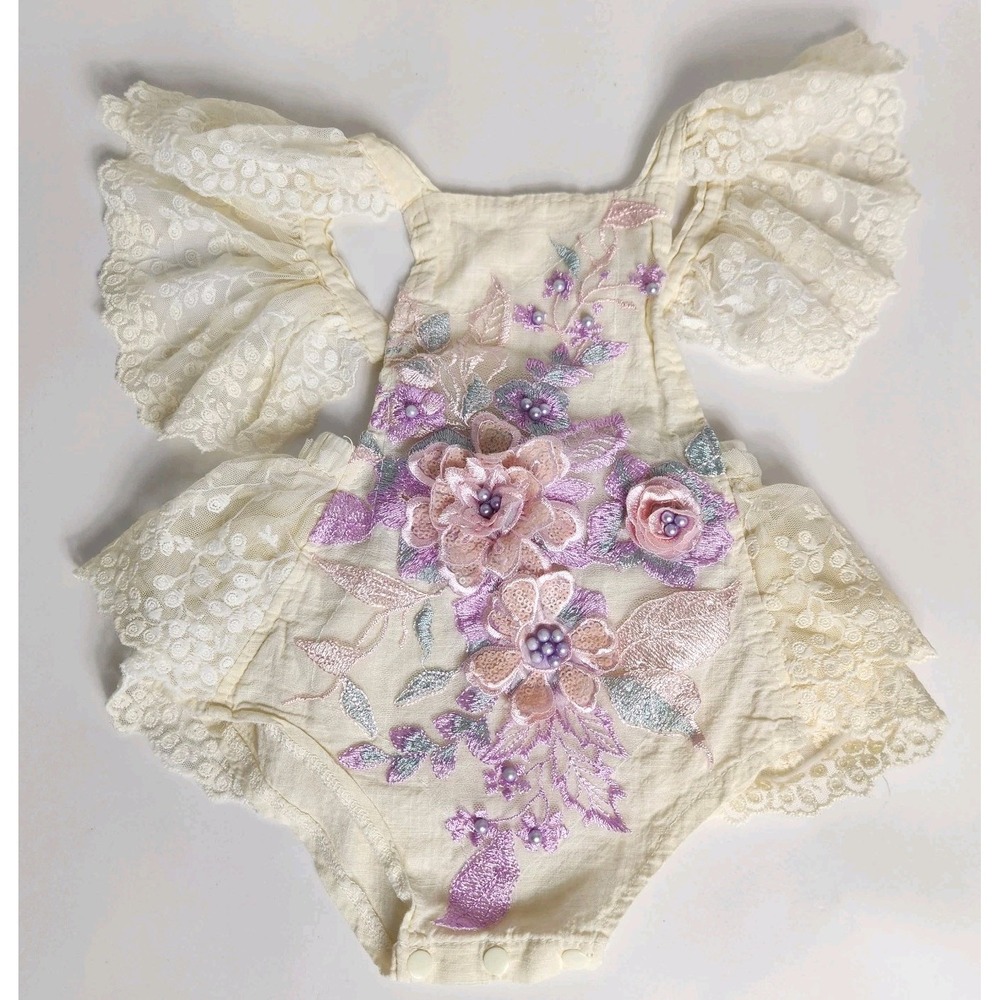 Infant Girl Lace Floral Romper 3D Embroidered Pearl Cottagecore 12M Tag 100